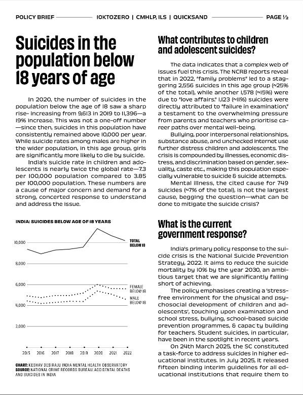 First page of the 10K2Zero policy brief: Suicides in the population below 18 years of age